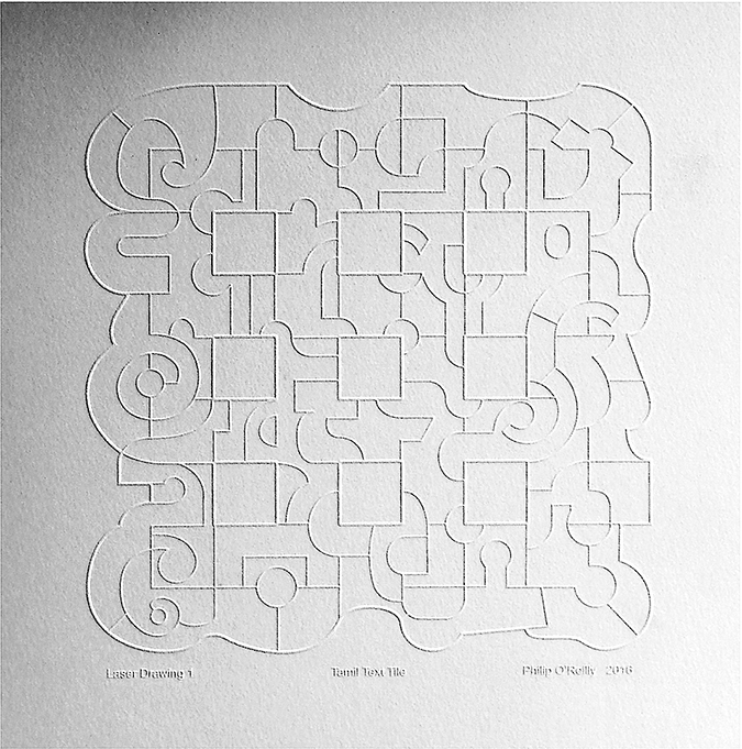 'Kum-Kum-Text-Tile' The same drawing enlarged and created as a Digital Lino Block.
Printed as 'Blind Embossed', and again without colour. The drawing is shown as a low-relief image on embossed on 300gsm paper.