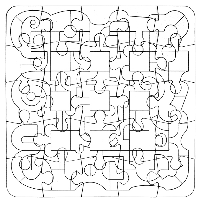 This study is laser-engraved onto a ready-made cardboard Jig-Saw Puzzle. The Order & Chaos idea is
very obvious and is is doubly difficult as a colourless puzzle.
the same competition but with a deleted or developed grid format. The lines appear more lively and varied.
I have adapted this study and made various compositions within the same structure but with different digital outcomes.