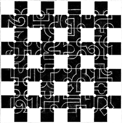 This drawing is the same competition but with a deleted or developed grid format. The lines appear more lively and varied.
I have adapted this study and made various compositions within the same structure but with different digital outcomes.
with shapes composed of fragments of Tamil alphabet letter-forms. Four principle shapes made up of 4 sections of the 4 different groups.
They are located on the grid and surround the White Dot Grid. Each small grid square has a shape or two. The large forms are closed like islands.
There are Hoops, Arcs and Lines and a distinct 'Inside' - 'Outside' feeling from the shape relationships. This small study has been much used and developed in my work.