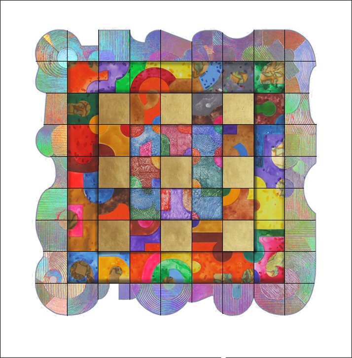 'Kum-Kum-Kolam Temple 1.
The relationship with the grid is emphasised by drawing it over the painting. The grid displays the graphic orderliness in contrast to the chaotic colours. All the shapes are from Tamil type forms.